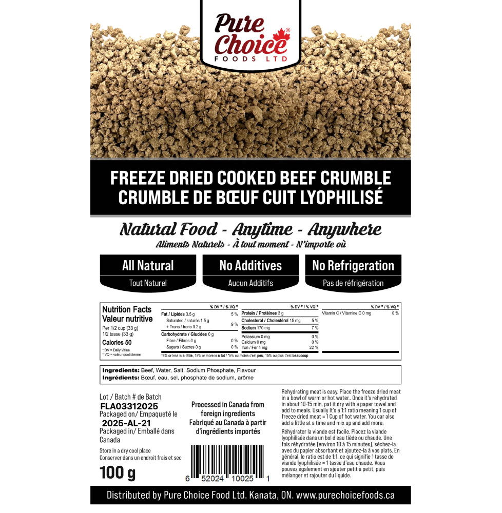 Pure Choice Foods Bulk Freeze-Dried Cooked Beef | upto 25 Year Shelf Life