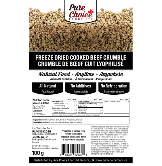Pure Choice Foods Bulk Freeze-Dried Cooked Beef | upto 25 Year Shelf Life