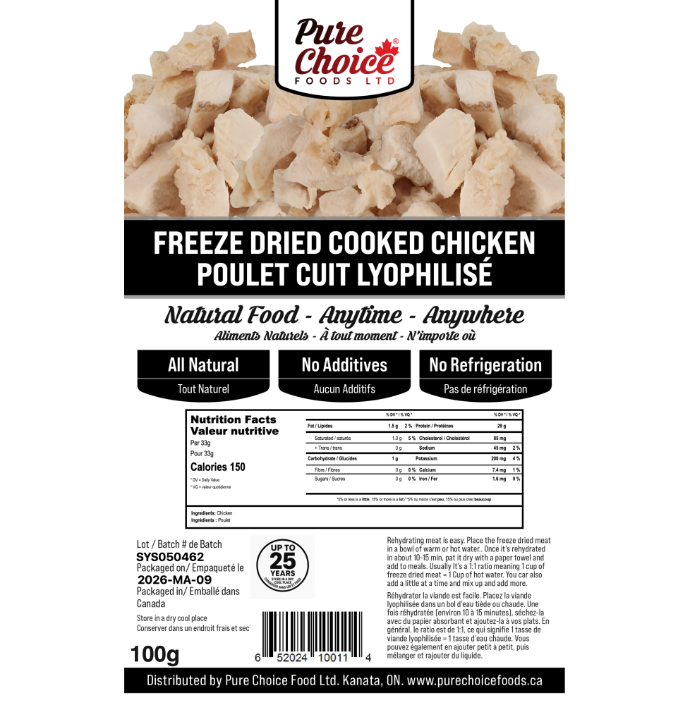 Pure Choice Foods | Freeze-Dried Cooked Chicken | Up to 25 Year
