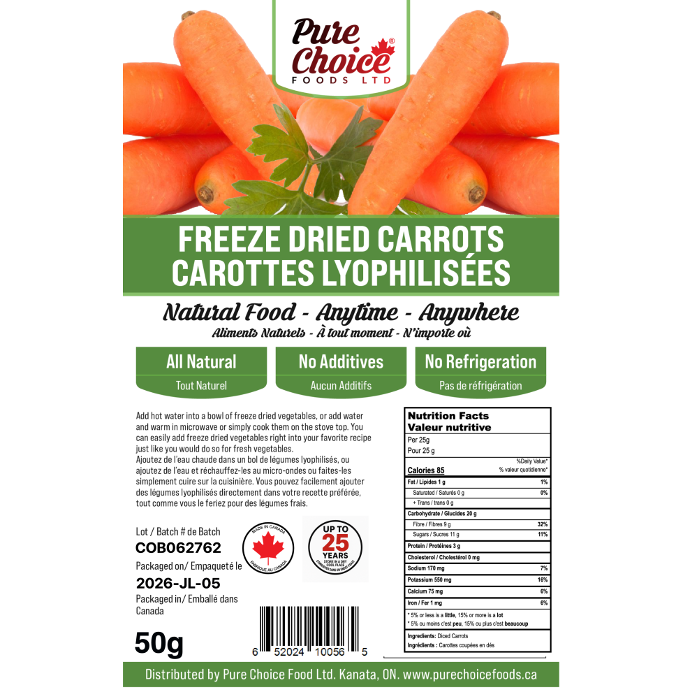Pure Choice Foods | Freeze-Dried Sliced Carrots | Made in Canada