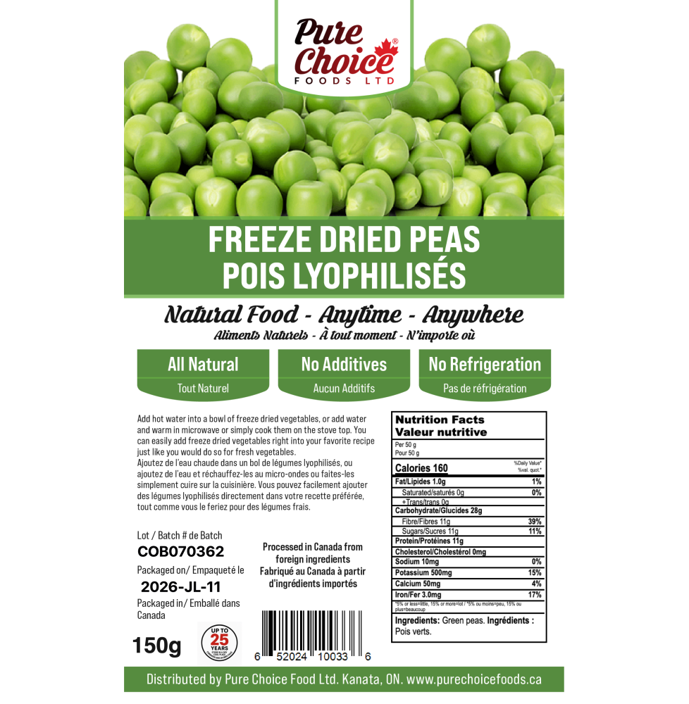Freeze-Dried Peas | Up to 25 Year Shelf Life | Pure Choice Foods