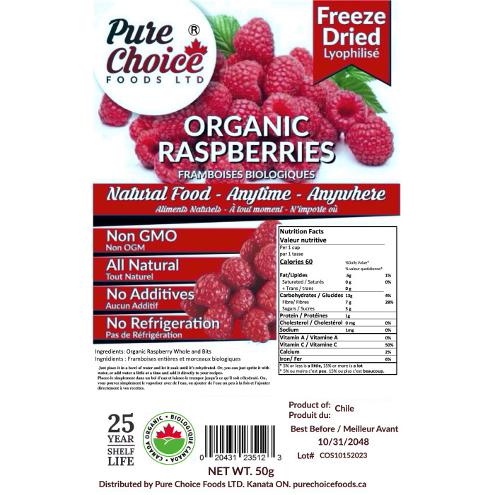 Freeze Dried Raspberry Organic 50g NEW BIGGER SIZE BAG