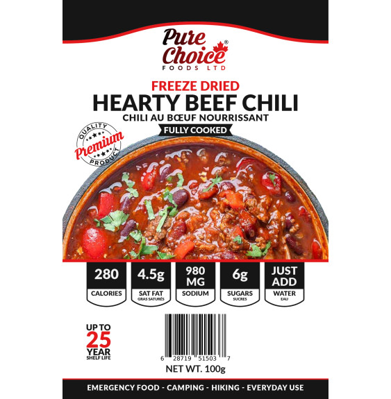 Freeze Dried Hearty Chili with beans Meal - Camping Food - Backpacking Food - Emergency Food - Long Shelf Life 25 Years